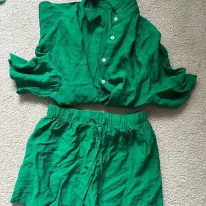 Shein green button down and shorts set